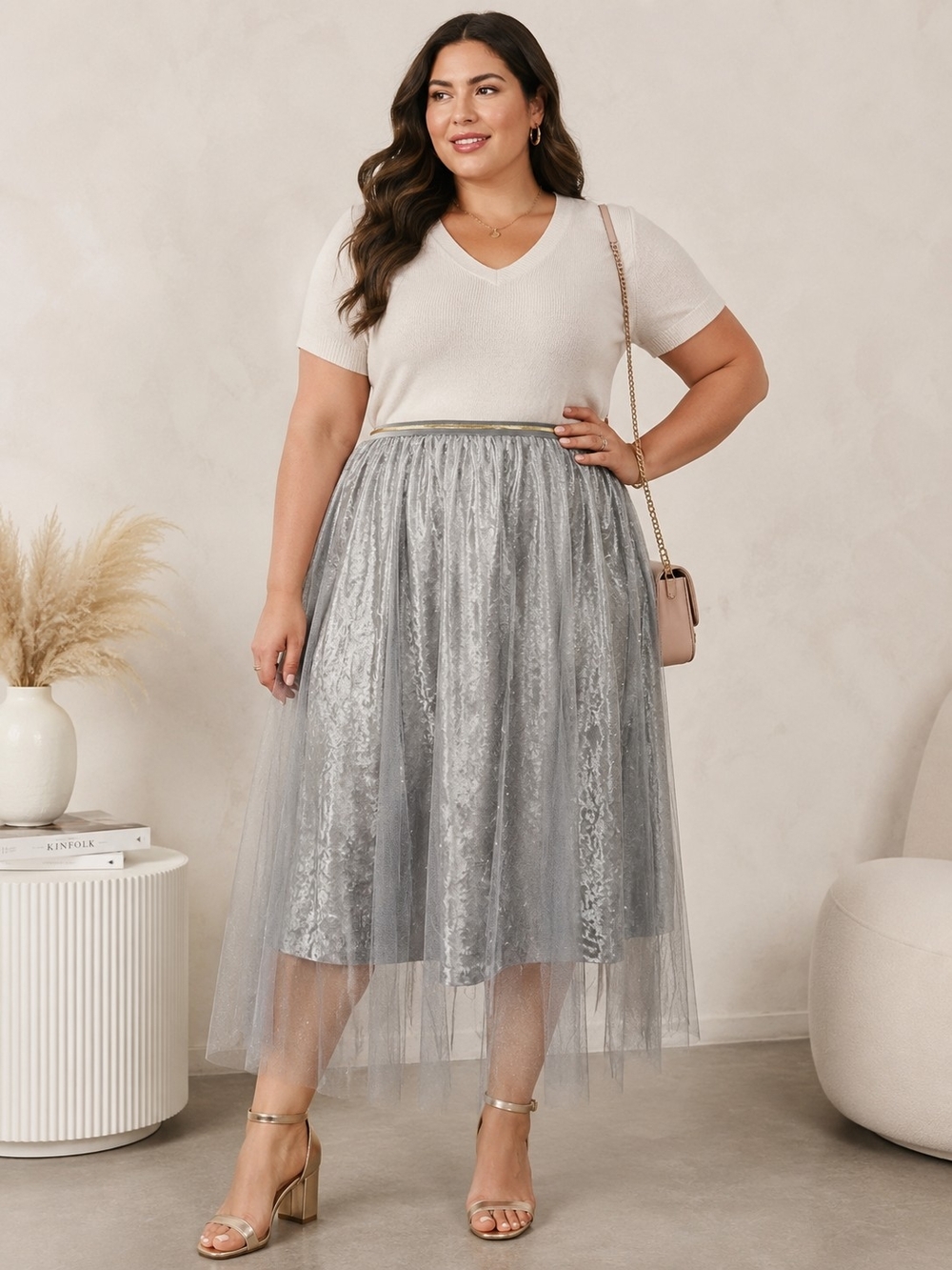 Raga from Anthropplogie Silver Tulle Midi Skirt | Size 1X